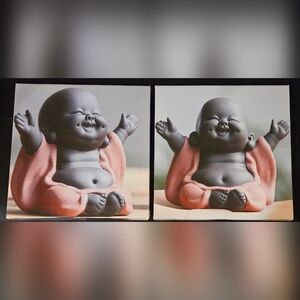 2 Custom Made 8x8" Baby Laughing Buddha's Framed On Quality Canvas